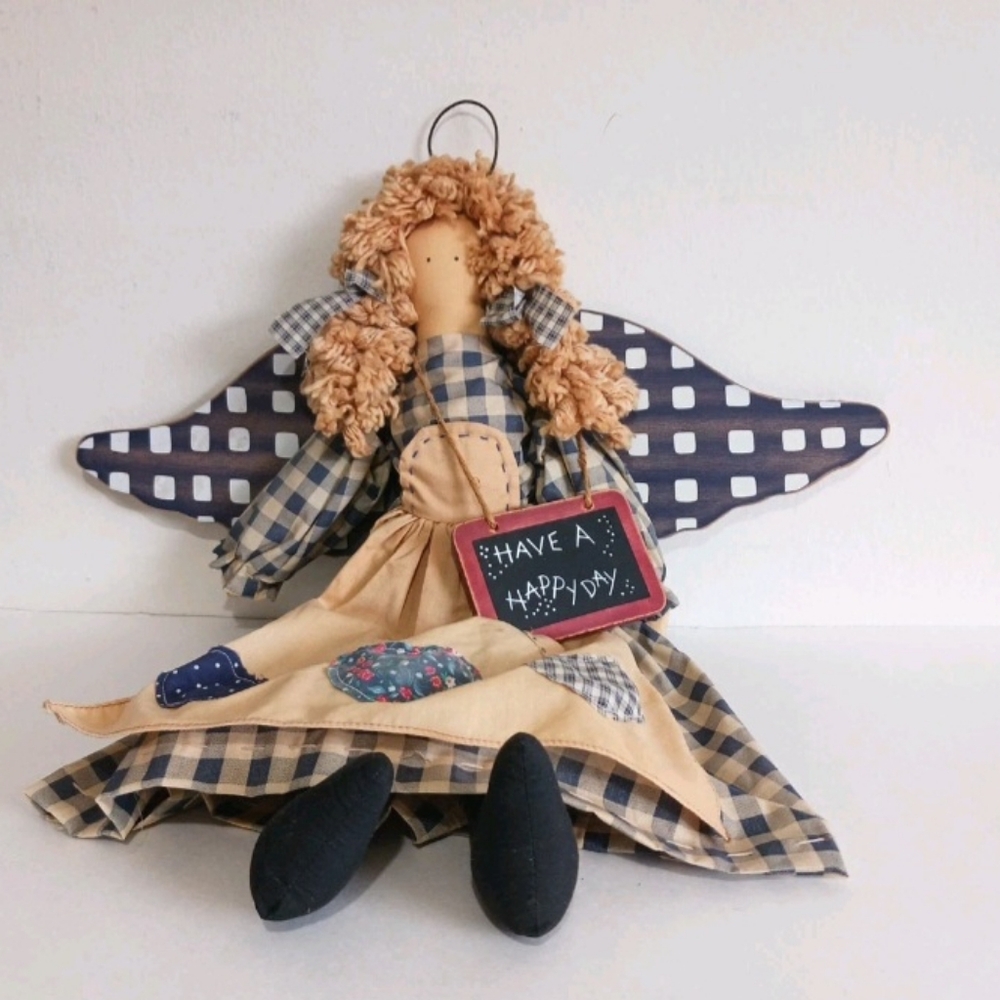 Primitive Country Angel Doll Farmhouse Shelf Sitter 21" Blue Gingham Folk Art